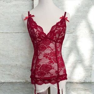 Red Lace Lingerie Top with Bows and lace up back M whimsygoth coquette